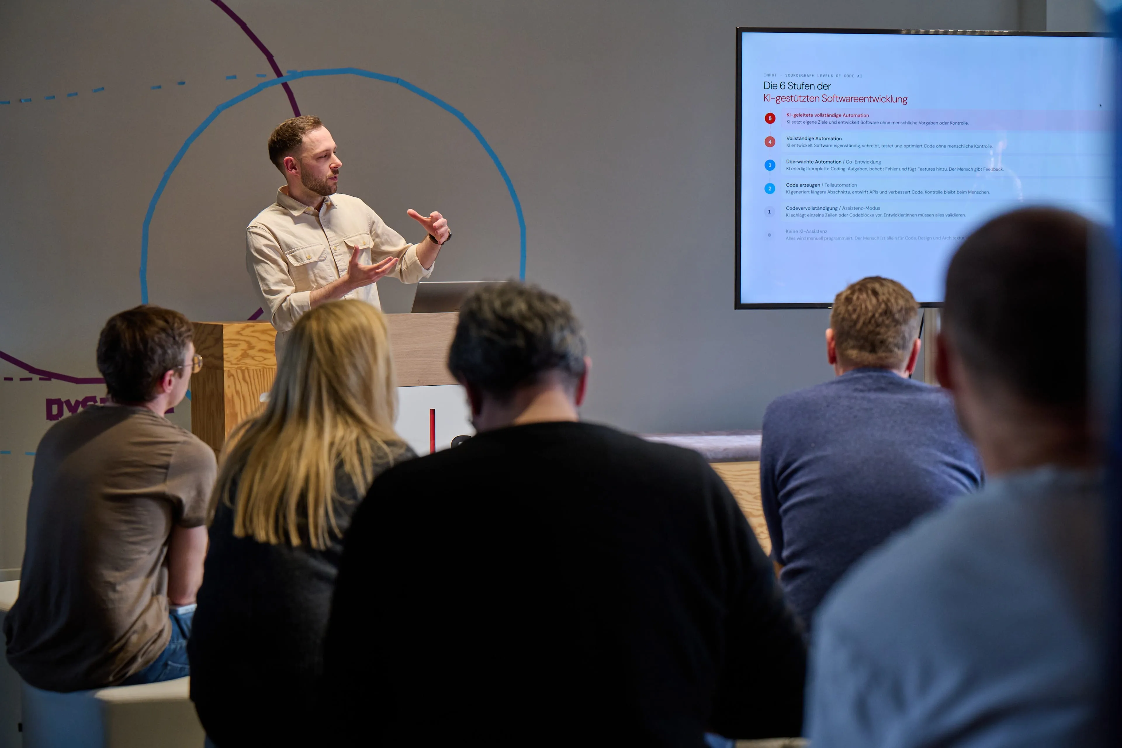 Alex Sprogis erklärt die 6 Stufen der KI-gestützten Softwareentwicklung im Workshop